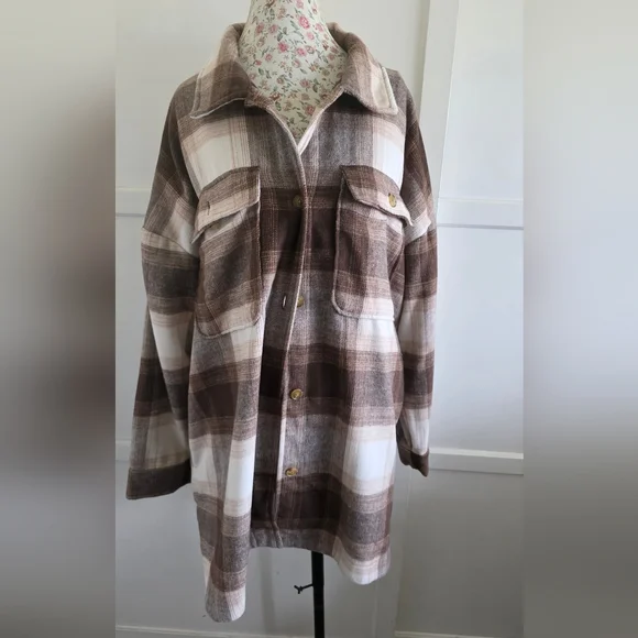 Banana Republic Brown and Cream Plaid Utility Jacket Size XXL - Picture 2 of 8